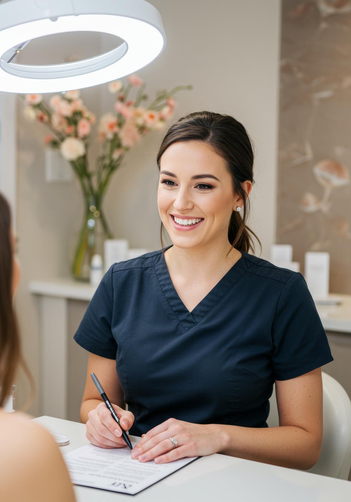Receptionist smiling at the spa talking to the customer, behind